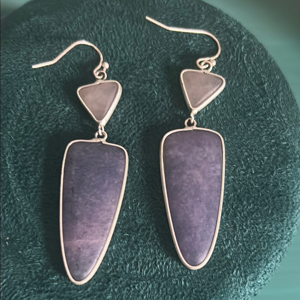 Artisan Amethyst and Rose Quartz Gemstone Dangle Silver Tone Wire Earrings